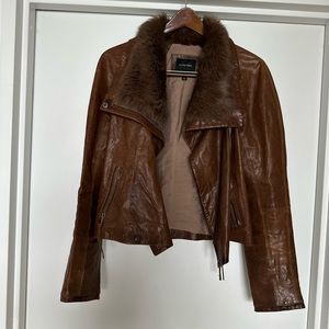 La Fee Verte chocolate brown leather jacket with fur collar